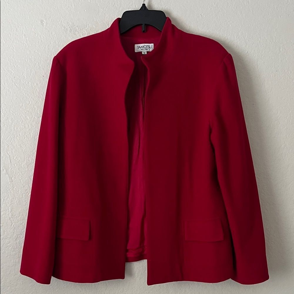 TAMOTSU Wool and Cashmere Blend Open Front Red Blazer Jacket in Size 16